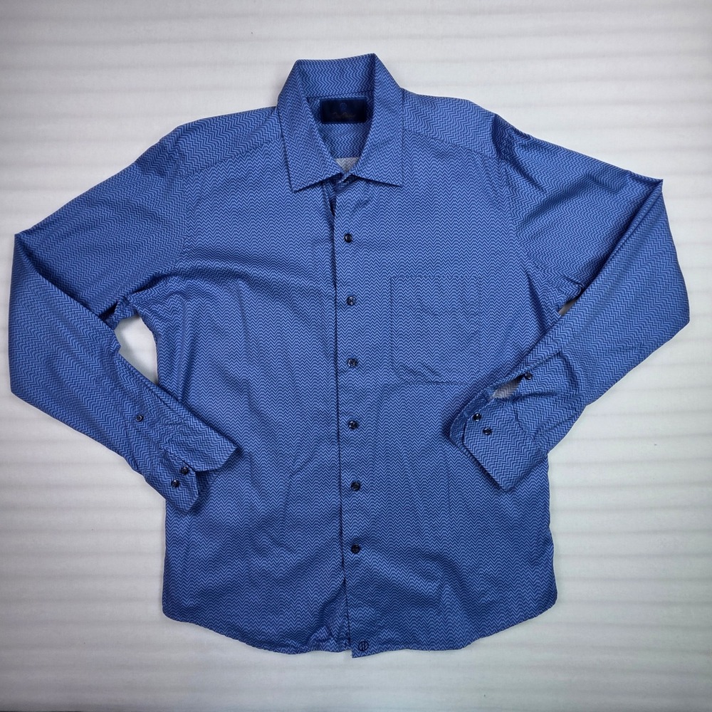David Donahue Mens Blue Chevron Geometric Print Cotton Button Down Shirt Large